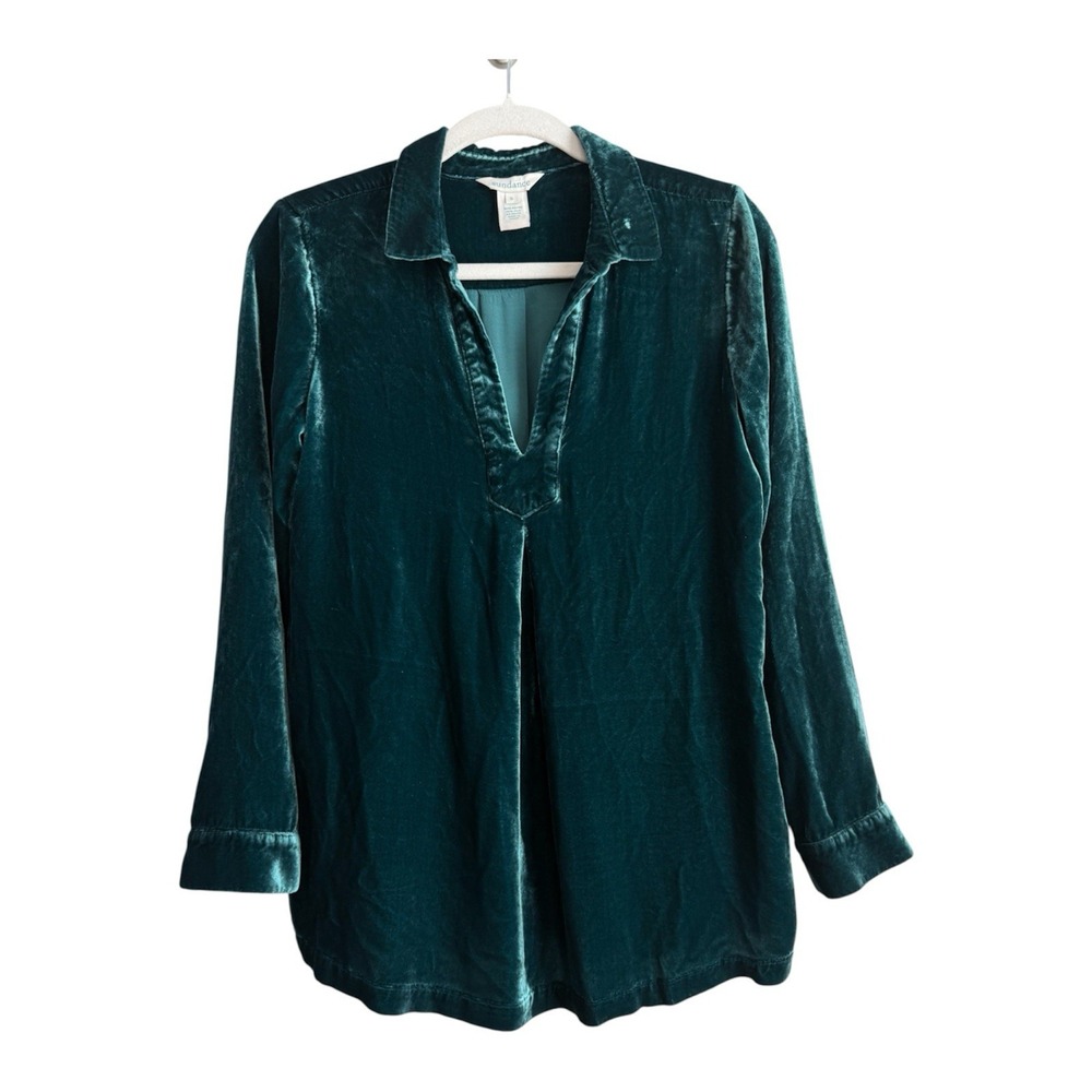 Sundance Nuance Velvet Tunic Top S Teal Silk Blend Collared V Neck Boho Romantic